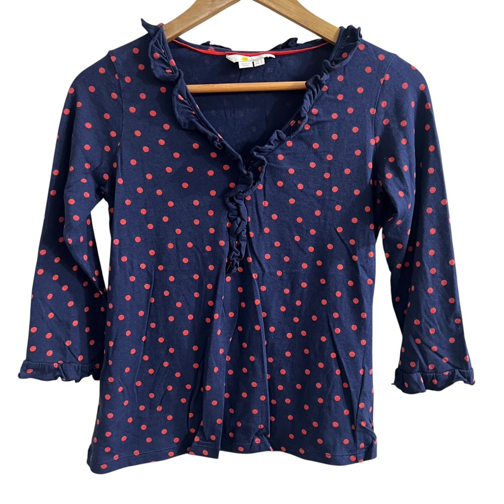 Boden Polka Dot Ruffle V-Neck Top Navy Blue Pink US 2 Womens 3/4 Sleeve